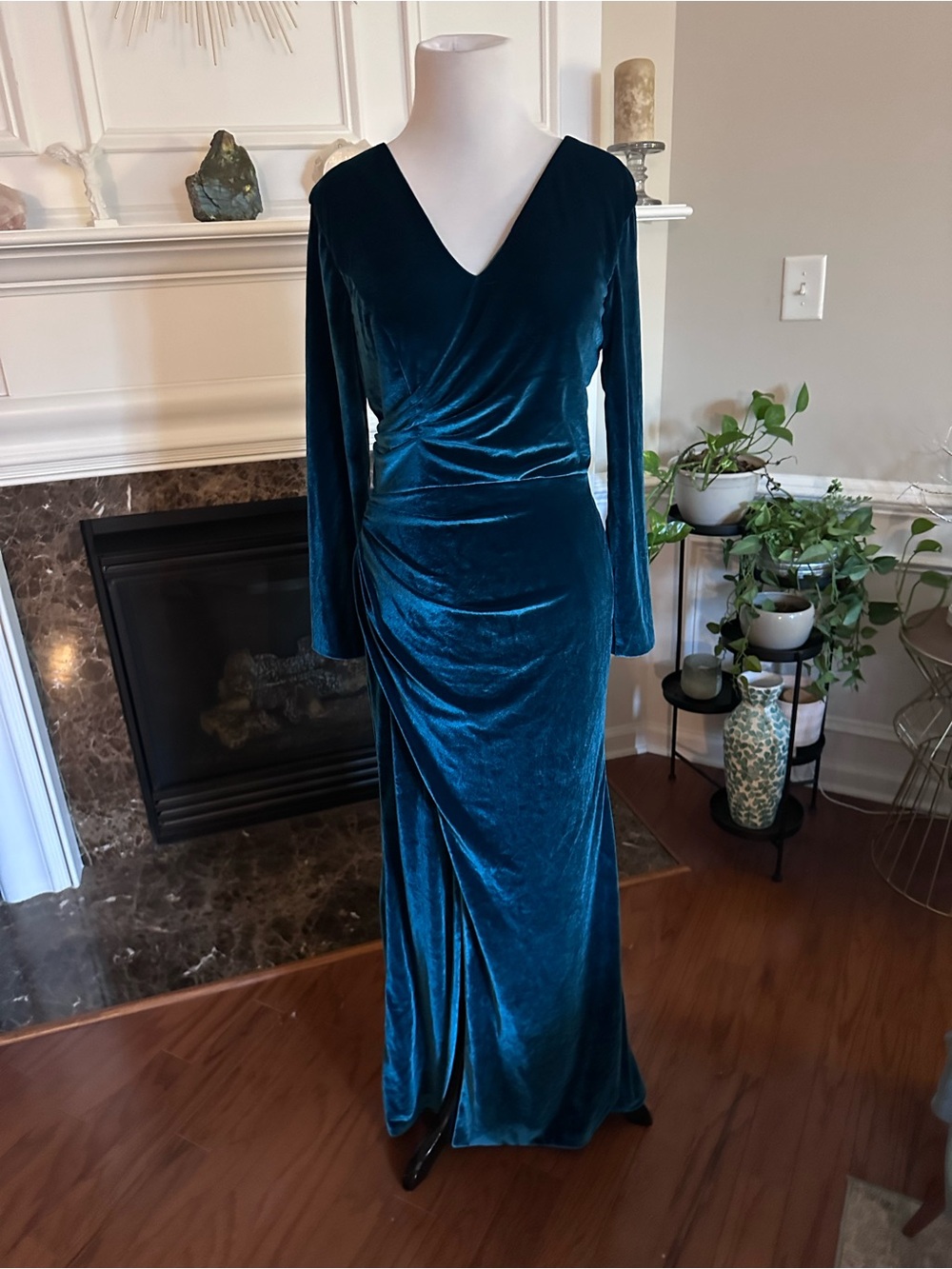 Velvet Teal Long Sleeve V-Neck Evening Dress Sz 8